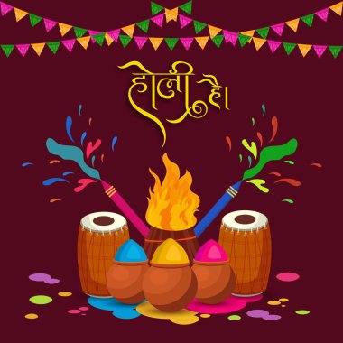 Holi Hai Hintçe Yazı Tipi Tebrik Kartı Tasarımı Şenlik Ateşi, Renk Tozu Kil Tenceresi, Su Silahları ve Dhol İllüstrasyonu 