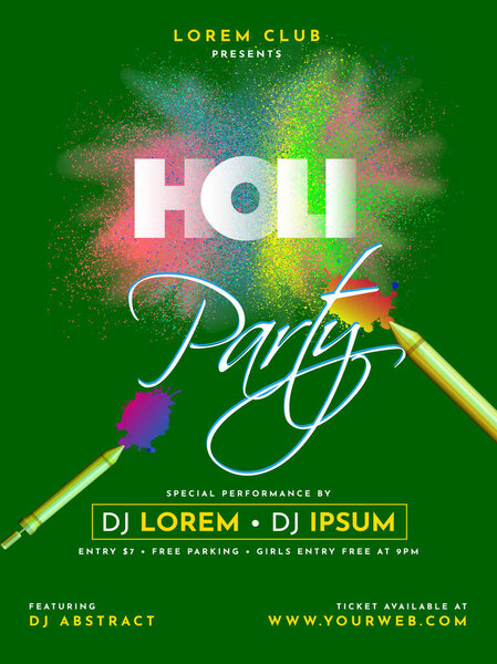 Holi Party Invitation Card Template or Flyer Layout with Event Details in Green Color.
