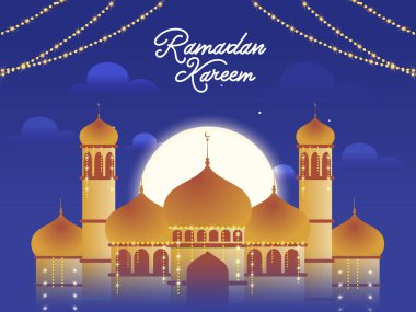 Ramazan Kareem Enfes Cami Konsepti Dolunayda Aydınlatma Çelengi ile süslenmiş Mavi Arkaplan.