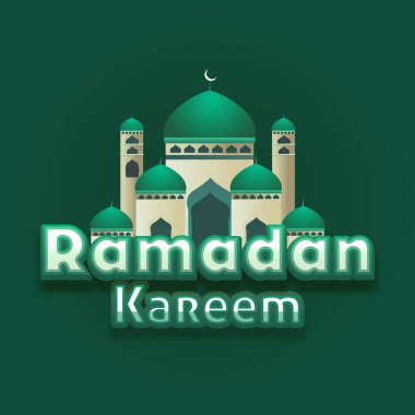 Yeşil Arkaplanda Güzel Cami Resimli Ramazan Kareem Yazı Tipi. Tebrik kartı olarak kullanılabilir.