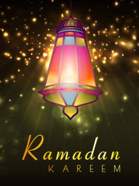 Ramazan Kareem Kutlama Şablonu Tasarımı Aydınlatılmış Lamba Asılı Arkaplan Efekti.