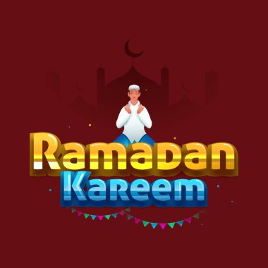 Ramazan Kareem Kutlama Posteri Tasarımı Müslüman Erkek Karakteri ile Kırmızı Siluet Camii Arkaplanı Üzerine Namaz Sunuyor.