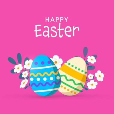 Pembe Arkaplanda Yazılı Yumurta ve Çiçek Konsepti Mutlu Paskalya Kutlamaları.