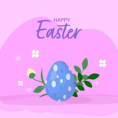 Yazılı Yumurta ve Çiçekli Mutlu Paskalya Posteri Tasarımı ve Pembe Arkaplanda Yapraklar.