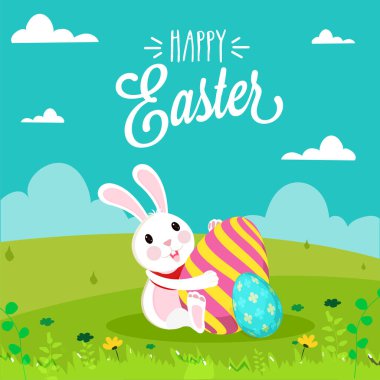 Yeşil Doğa ve Mavi Bulutlar Arkaplanda Mutlu Paskalya Kutlaması Konsepti için Çizgi Film Tavşanı Tutan Yumurtalar.
