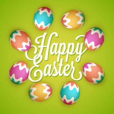 Gerçekçi Renkli Boyalı Yumurtalar ve Yeşil Arkaplanda Mutlu Paskalya Metinleri. Tebrik kartı olarak Tasarım Kullanılabilir.