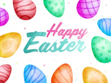 Beyaz Arkaplanda Renkli Yumurta Dekorasyonlu Mutlu Paskalya Yazı Tipi.