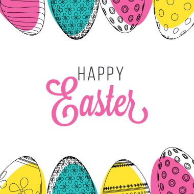 Doodle Biçimli Mutlu Paskalya Kutlama Kartı Tasarımı Beyaz Arkaplanda Boyalı Yumurta Dekorasyonu.