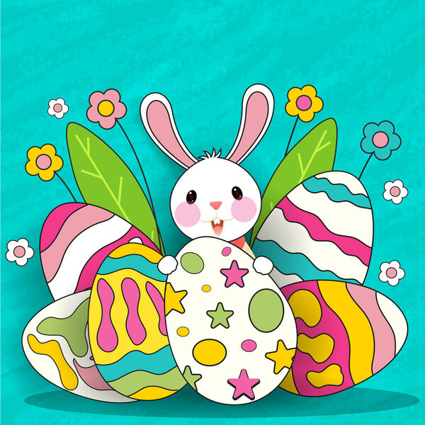 Cartoon Cute Bunny with Colorful Painted Eggs and Flowers, Leaves on Sky Blue Texture Background. Happy Easter Card or Poster Design.