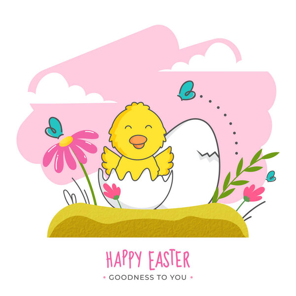 Happy Easter, Goodness To You Greeting Card with Cartoon Cute Little Chick Cracking Egg on Floral Nature Background.