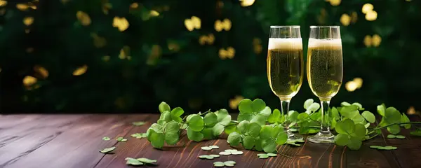 a pair of wine glasses or martini glasses filled with beer, placed on a table adorned with Irish clover leaves. The arrangement of the glasses and the clover suggests a celebration or a special occasion, perhaps a St. Patrick's Day event. The glasses