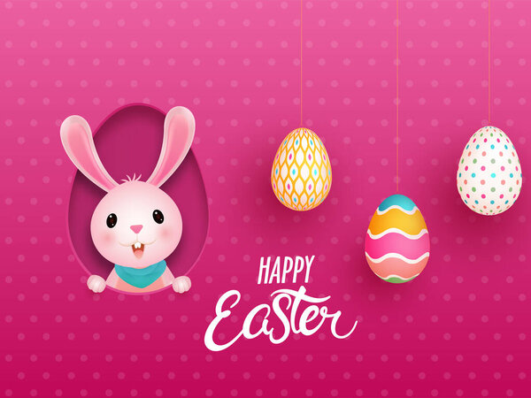 Cute Bunny in Paper Cut Egg Shape and Hanging Realistic Eggs on Pink Polka Dots Background for Happy Easter Celebration Concept.