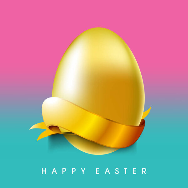 Glossy Golden Ribbon Cover Egg on Pink and Blue Gradient Background for Happy Easter Concept.
