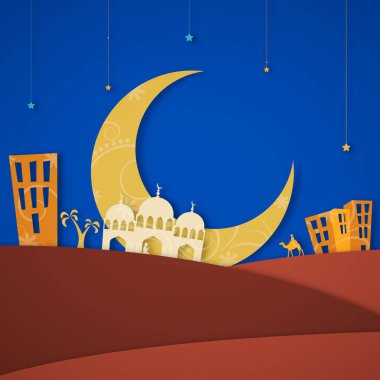 Müslüman Toplum Festivali Kutlaması için Çölde Hilal Ay, Cami, Dua Çocuğu ve Deve Binen Adam Arkaplan Tasarımı Renkli Kağıt Kesimi.