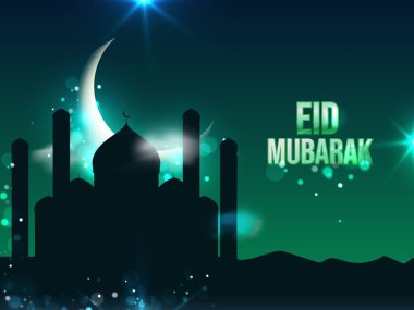 Işık efektli Hilal Ay 'lı Siluet Camii İslami Mübarek Bayramı Kutlama Konsepti için Yeşil ve Mavi Arkaplan.