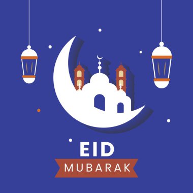 Kurban Bayramı Mübarek Kutlama Konsepti Siluet Camii, Hilal Ay, Mor Arkaplanda Asılı Fener.