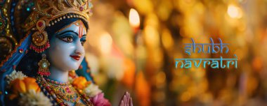 Mutlu (Shubh) Navratri Sosyal Medya Sancağı, Güzel Hint Tanrıçası Idol 'un Yakından Bakış Yüzü, muhtemelen Hindu Dininin bir temsilcisi. Üretici yapay zeka.