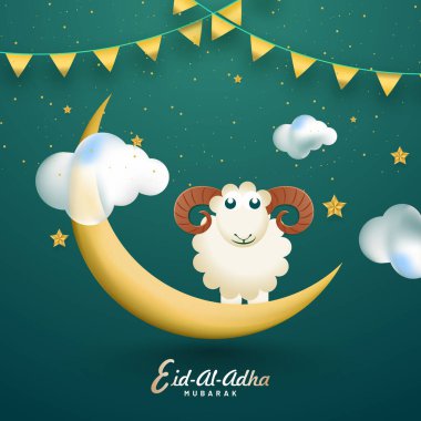 Kurban Bayramı Mübarek tebrik kartı tasarımı. Hilal ay, yıldızlar, bulutlar ve kiraz kırmızısı süslemeli deniz mavisi arkaplanı üzerine çizgi film koyunları..