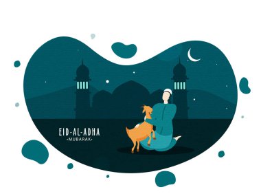 Kurban Bayramı Mübarek İslami Festivali, Karikatür Müslüman Adam 'ın Siluet Camii ve Hilal Ay' ı Soyut Karanlık Teal Arkaplan 'da Tuttuğu Çizgi Filmi.