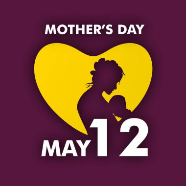 Mutlu Anneler Günü 'nü kutlamak için çocuğuyla birlikte sarı kalpli bir annenin silueti. Poster ya da tebrik kartı tasarımı kullanılabilir.