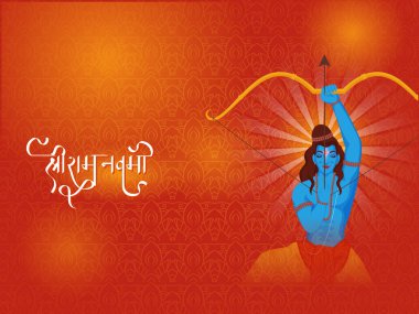 Shri Ram Navami (Lord Rama 'nın doğum günü) Hindu Mitolojisi' nin Avatar 'ı Lord Rama ile Gradyan Kırmızı ve Turuncu Etnik Kalıplar Arkaplanını Hedefliyor.