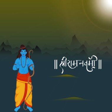 Shri Ram Navami (Lord Rama 'nın doğum günü) Hindu Mitolojisi' nin Avatar 'ı Rama ile kutlama kartı Teal Blue ve Olive Gradient Dağı Arkaplanı.