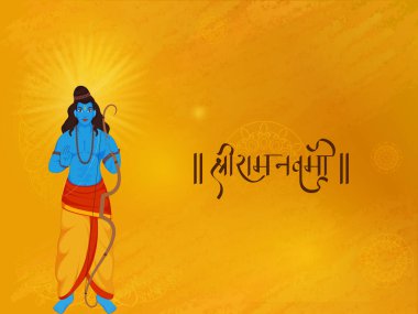 Shri Ram Navami (Lord Rama 'nın doğum günü) Lord Rama' nın Avatar 'ı ile Krom Sarı Mandala Arkaplanı' nda duran tebrik kartı.