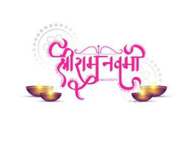 Pembe Shri Ram Navami 'nin (Lord Rama doğum günü) Hint kaligrafisi ve Beyaz Arkaplan' da Altın Yağ Lambaları (Diya). Tebrik kartı olarak kullanılabilir.