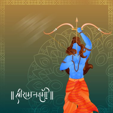 Shri Ram Navami (Lord Rama 'nın doğum günü) Hindu Mitolojisi Lordu Rama' nın Gradyan Sarısı ve Yeşil Mandala Arkaplanını Hedefleme Kartı.