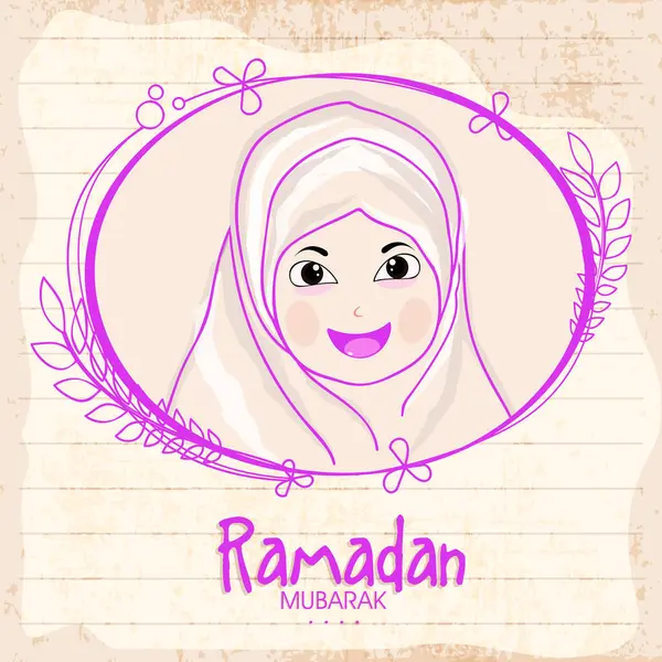 Roztomilý Malý Šťastný Islámský Dívka Rámu Pro Svatý Měsíc Muslimské — Stockový vektor