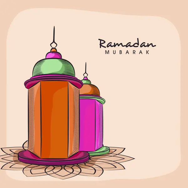 Lanternes Arabes Illuminées Sur Fond Beige Décoré Floral Pour Mois — Image vectorielle