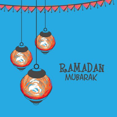 İslami kutsal ay namazı için mavi arka planda asılı fenerler, Ramazan Mübarek kutlamaları.