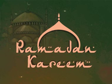 Stil metni Ramazan Kareem, camii arkaplanlı, kutsal İslam ayının kutlaması için..