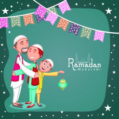 Müslüman cemaatinin kutsal ayı Ramazan Kareem kutlamalarında birbirlerine sarılan mutlu Müslüman erkekler..