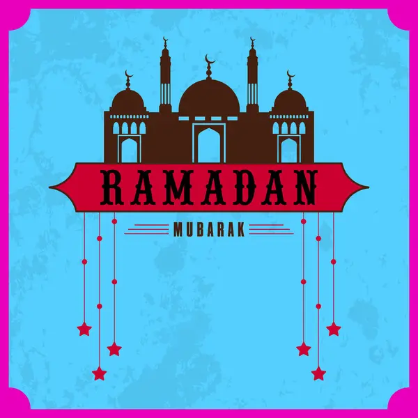 ヴィンテージポスターまたはイスラムの聖月や祈りのためのモスクと吊るし星とのグリーティングカードデザイン ラマダンケアレムのお祝い — ストックベクタ
