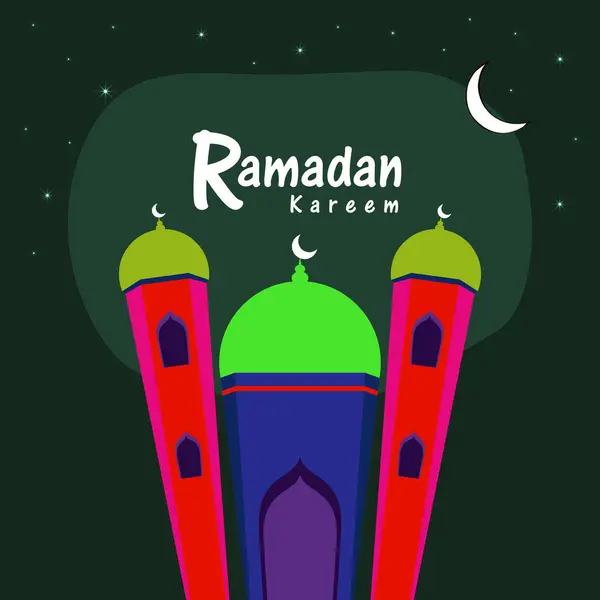 イスラム教徒コミュニティの神聖な月のための光沢のある緑の背景のカラフルなモスクラマダンケアレム — ストックベクタ