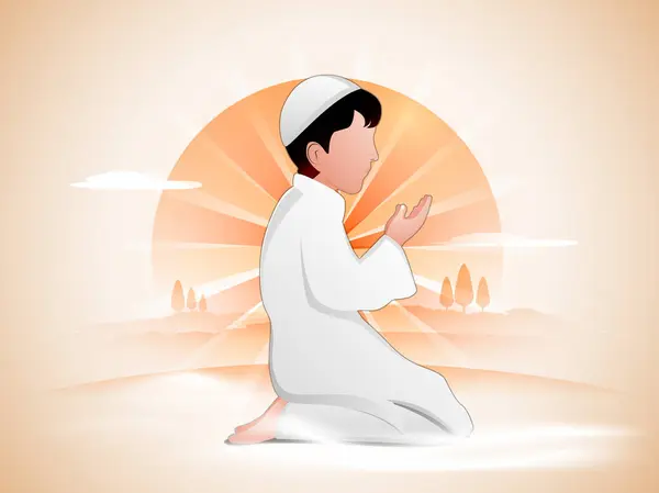 Религиозный Мусульманский Мальчик Традиционных Нарядах Молящийся Намаз Исламская Молитва Природе Стоковая Иллюстрация