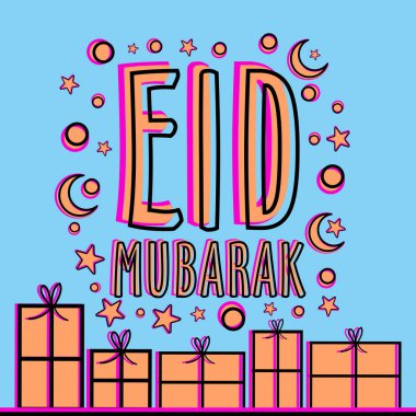 İslam Ünlü Festivali, Bayram Mübarek kutlama için sarılmış hediye kutuları, yıldızlar ve uydular ile dekore Zarif Tebrik Kartı tasarımı.