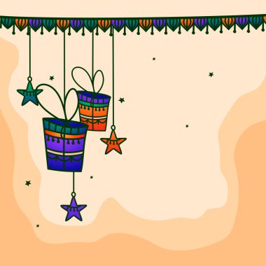 Müslüman Cemaati Festivali için renkli asma hediyeleri ve yıldızlarla süslenmiş zarif tebrik kartı tasarımı, Bayram Mübareği.