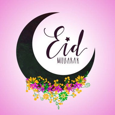 Müslüman Festivali için Çiçekli Hilal Ay Kutlama Kartıyla Mübarek Mübarek Yazı.