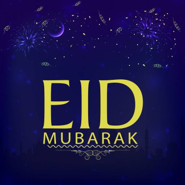 Bayram Mübarek Tebrik Kartı tasarımı, Cami silueti ile Güzel İslam Arka Plan, havai fişek ve parlayan ay, Müslüman Toplum Festivali kutlama için Yaratıcı vektör illüstrasyon.