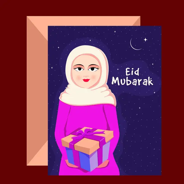 Eid Mubarak Grußkarte Muslimin Mit Einer Geschenkbox Auf Blauem Hintergrund Vektorgrafiken