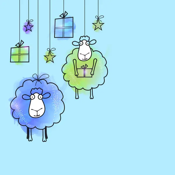 Illustration Créative Moutons Cadeaux Étoiles Suspendus Sur Fond Bleu Ciel Vecteur En Vente