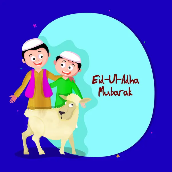 快乐伊斯兰儿童在穆斯林社区与羊的传统礼服 祭品节 宰牲节穆巴拉克 矢量贺卡设计 免版税图库矢量图片