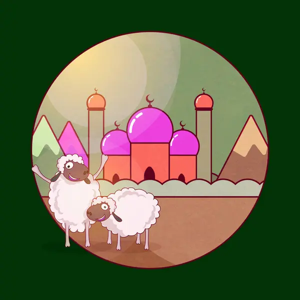 Owce Przed Kolorowym Meczetem Dla Muzułmańskiej Wspólnoty Festiwal Ofiary Eid Ilustracja Stockowa
