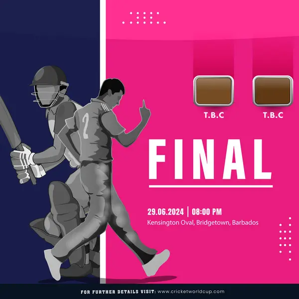 T20ファイナルクリケットマッチ ピンクとブルーの背景のクリケットプレイヤーのキャラクターによるポスターデザイン ストックベクター