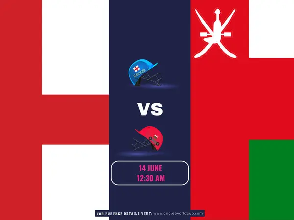 Icc男子T20ワールドカップクリケット対イングランド対オマーンチームポスター ストックイラスト