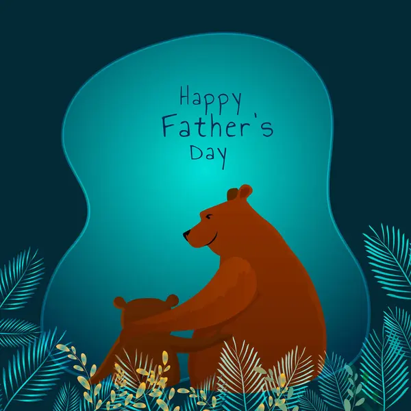 幸せな父の日のグリーティングカードデザイン 葉の上の彼のキューブとキュートな熊のイラスト ティールブルーの背景 ストックイラスト