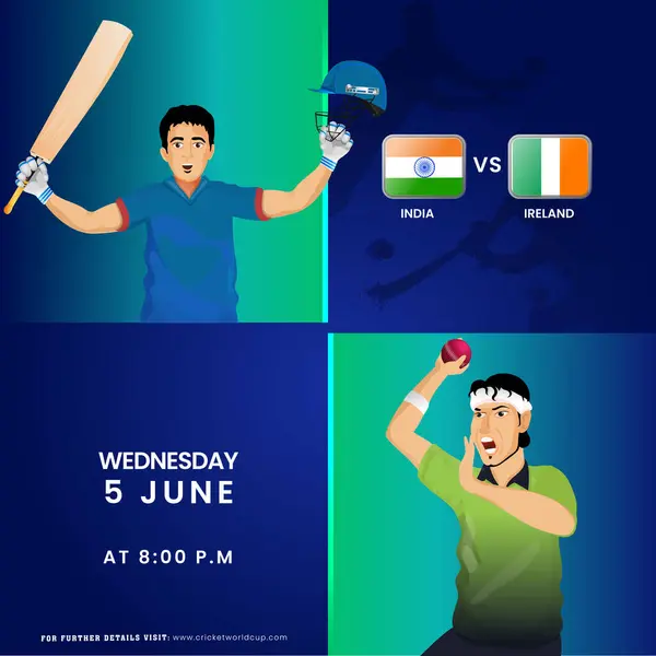 T20クリケットマッチ インドVsアイルランドチームとバッタープレーヤー ナショナルジャージーのボウラーキャラクター 広告ポスターデザイン ストックベクター
