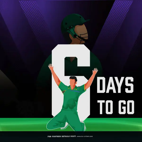 スタジアムでポーズを獲得した南アフリカのボウラープレイヤーキャラクターと6日間の残りのポスターデザインから始まるT20クリケットマッチ ロイヤリティフリーのストックイラスト
